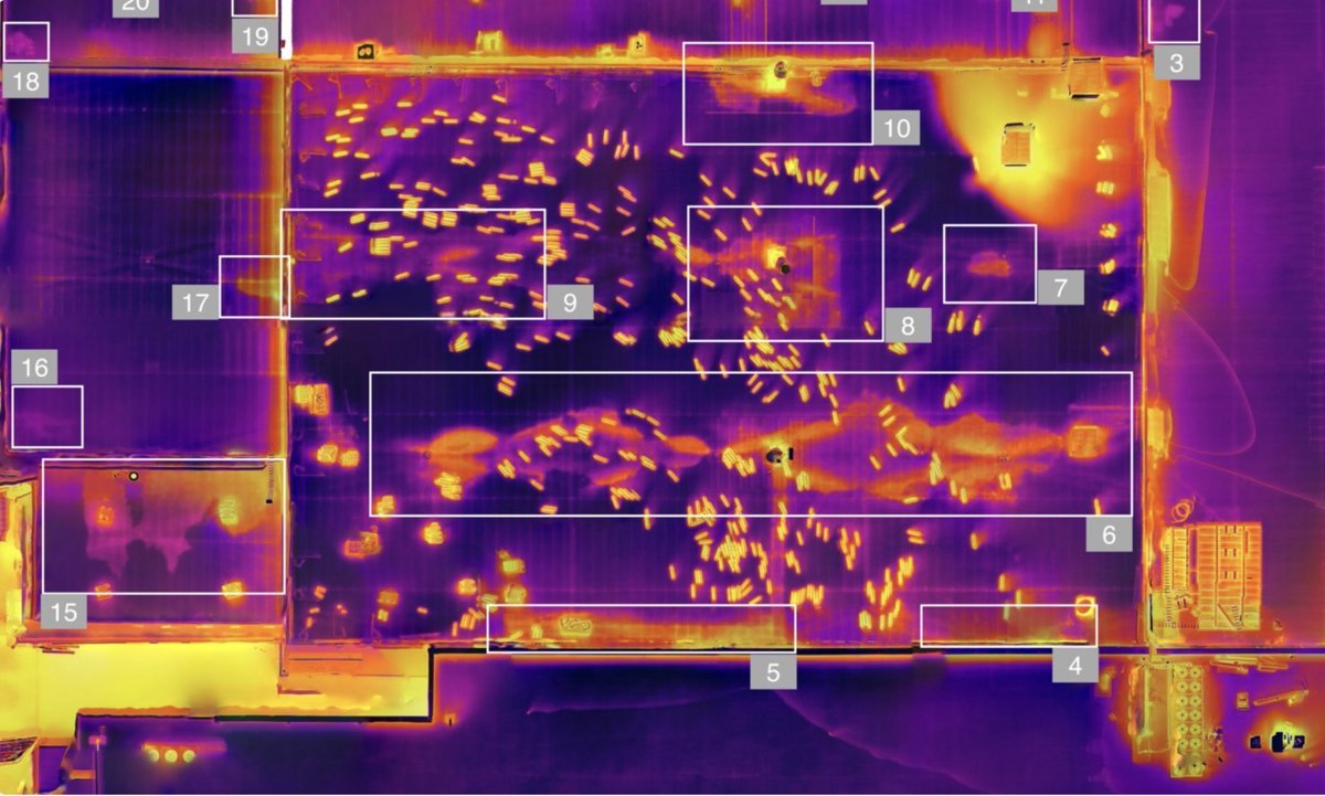 Mapa térmico aéreo de fachada, inspección con drone